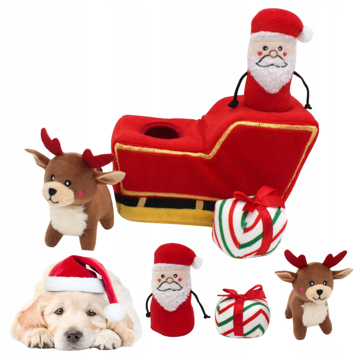 ZippyPaws Burrow Christmas Toy Santa Sleigh image promotes festive puzzle play for dogs