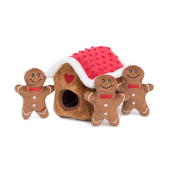 ZippyPaws Burrow Gingerbread House hero shows playful enrichment for small and medium dogs.