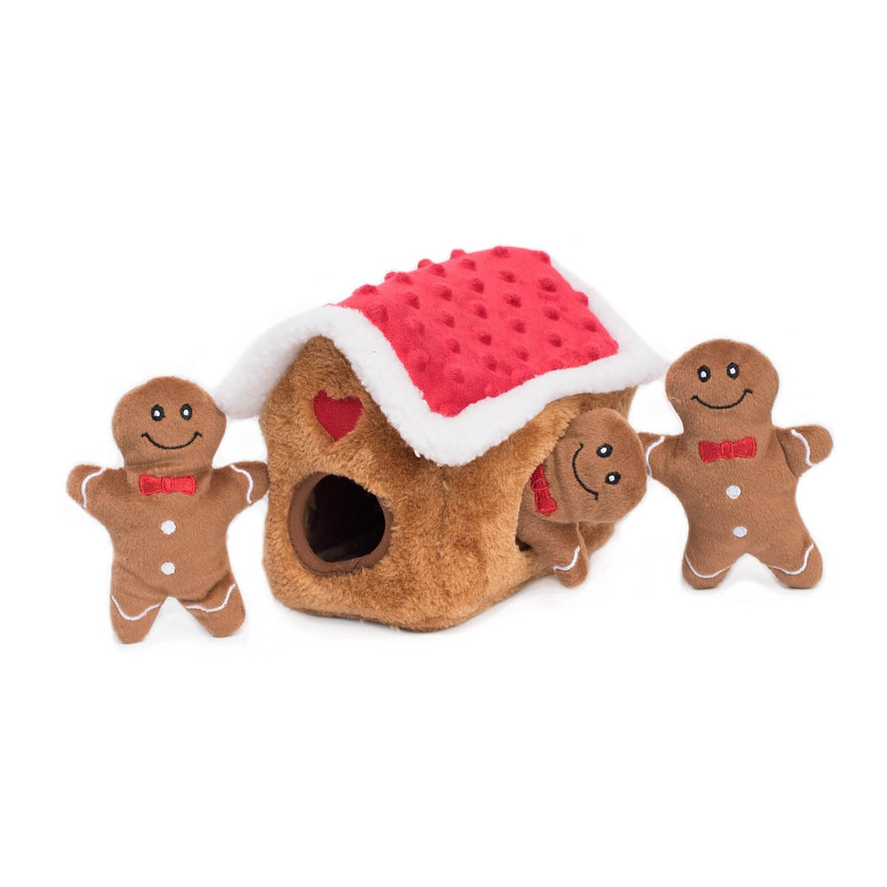 ZippyPaws Burrow gingerbread house open burrow demonstrates hide-and-seek fun.