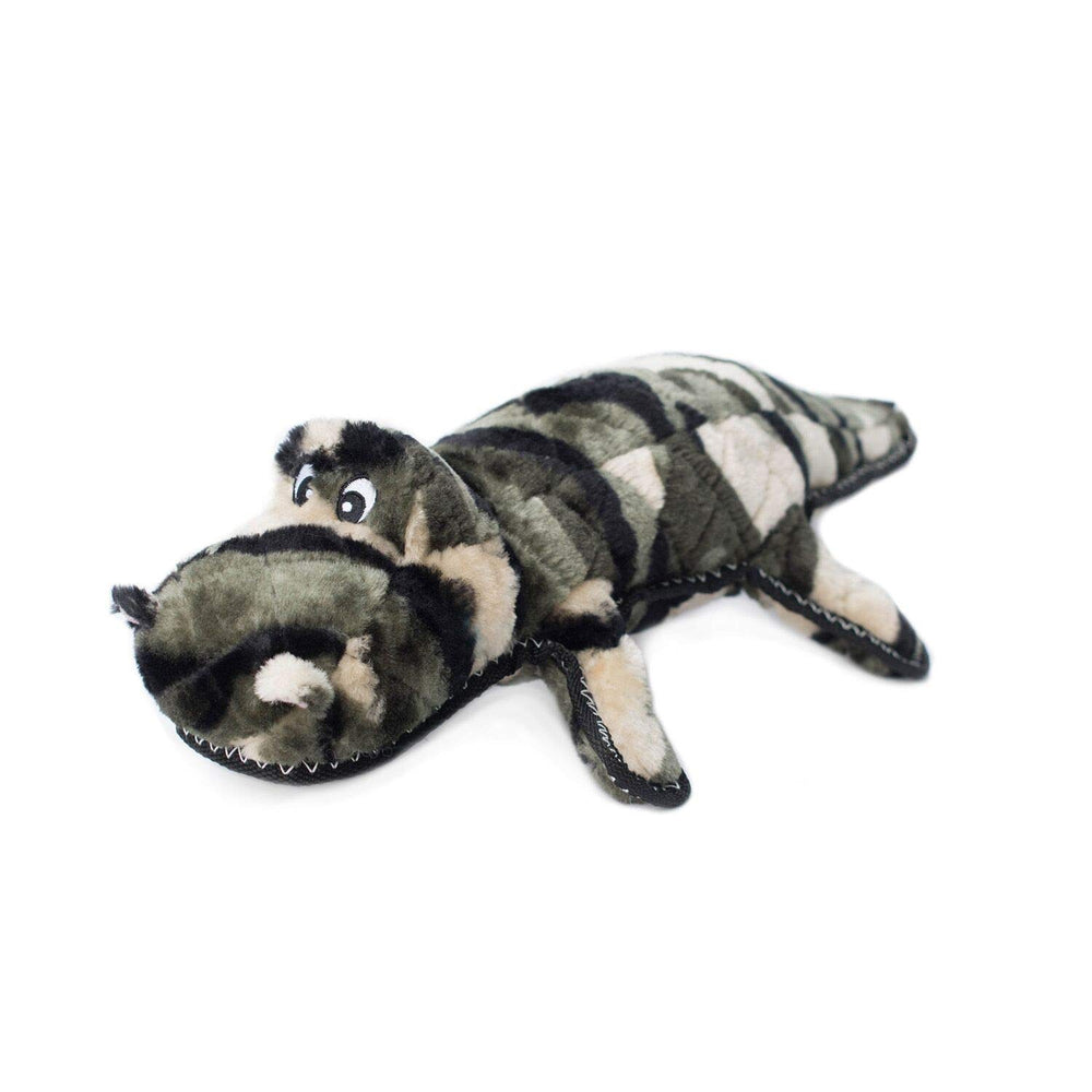 ZippyPaws Camron camo gator plush toy for dogs with engaging squeak.