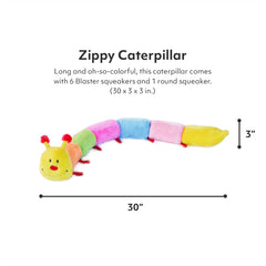 ZippyPaws Deluxe Caterpillar squeakers image highlights six blaster sounds for enrichment.
