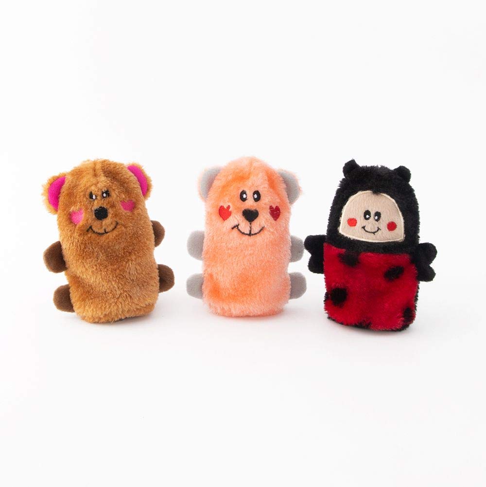 ZippyPaws Valentines Miniz Squeakie Buddies pack image showing three heart-themed mini plush squeakers for interactive play.