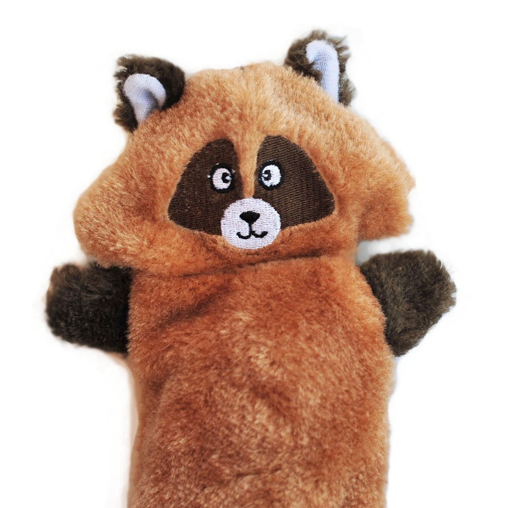 ZippyPaws Zingy Raccoon squeakers close-up highlights multi-sound engagement.