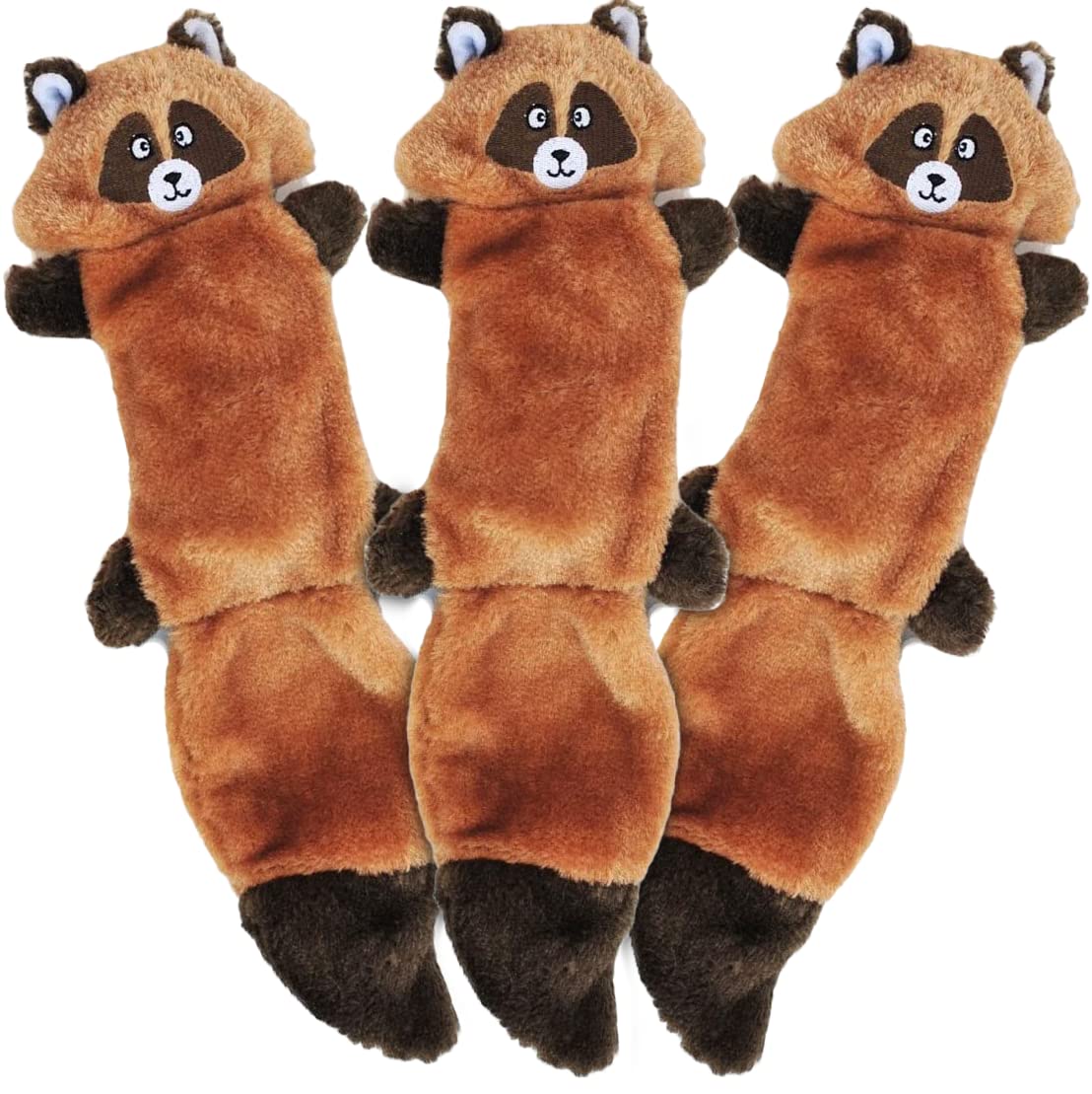 ZippyPaws Zingy Raccoon pack-3 tug image highlights durable no-stuffing dog toys for interactive play.