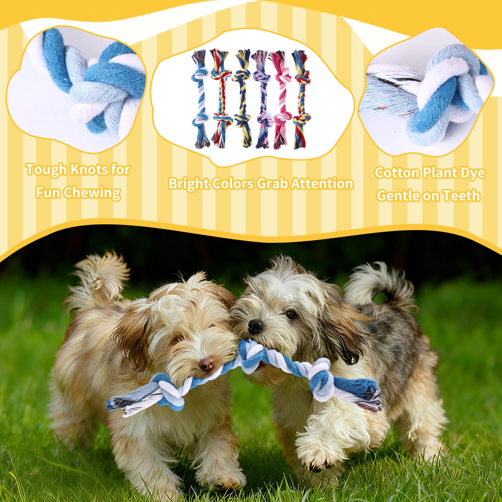 ZisDolk 2-knot rope dog toy in yellow for high-visibility play sessions.