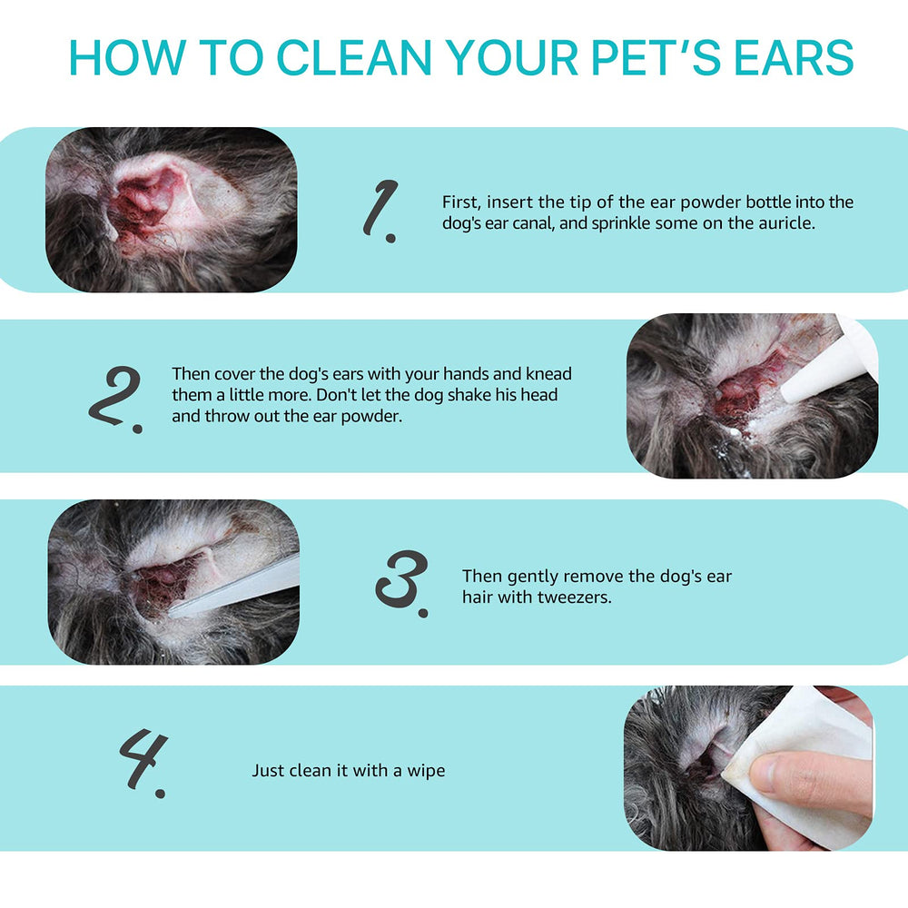 ZIXAOK safe non-toxic ear powder shown for family pet care.