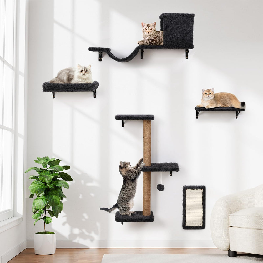ZLAFM 5-in-1 cat wall shelves natural wood gray packaging demonstrates sturdy, space-saving cat furniture