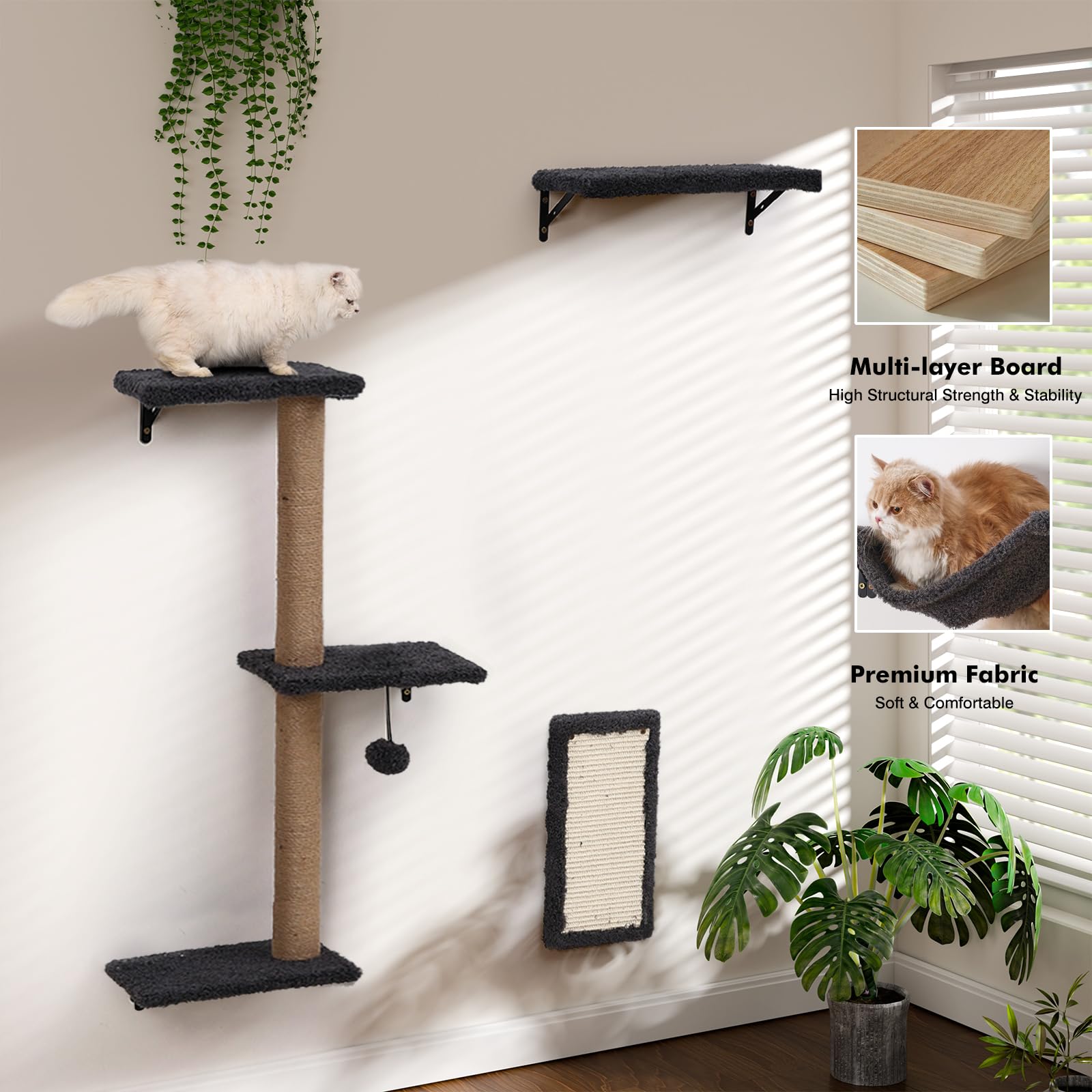 ZLAFM 5-in-1 cat wall shelves wall-mount installation shows secure, stable mounting for up to 40 lbs