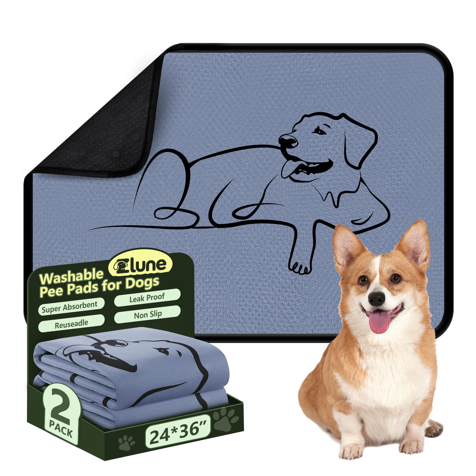 Zlune Washable Pee Pad 24x36 gray two-pack for reusable puppy training and floor protection.