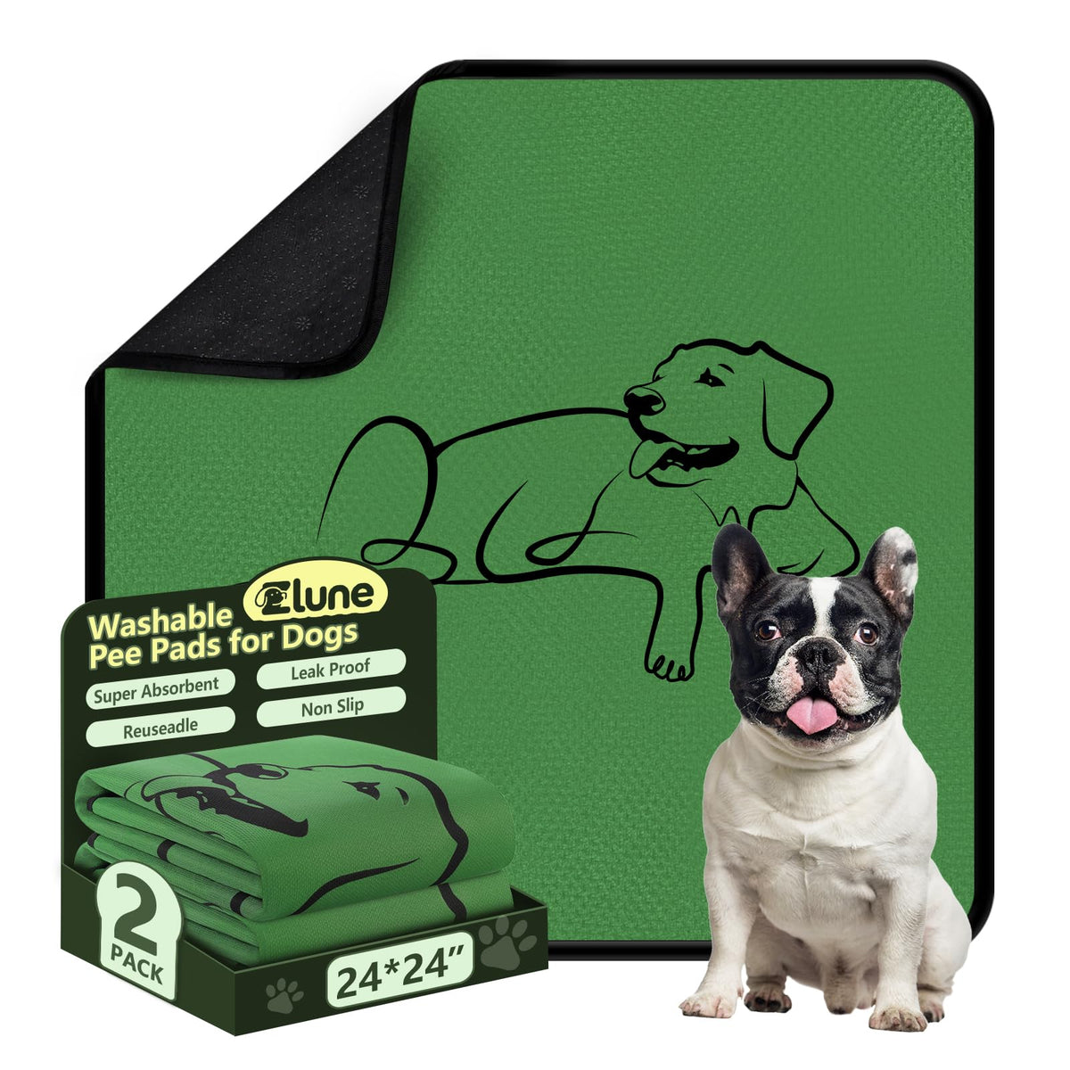 Zlune washable pee pads 2-pack 24x24 front view for quick setup and reuse