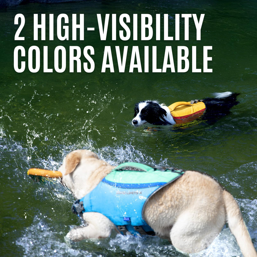 ZLX dog life jacket blue on-dog swimming with secure handle and lift-ready foam