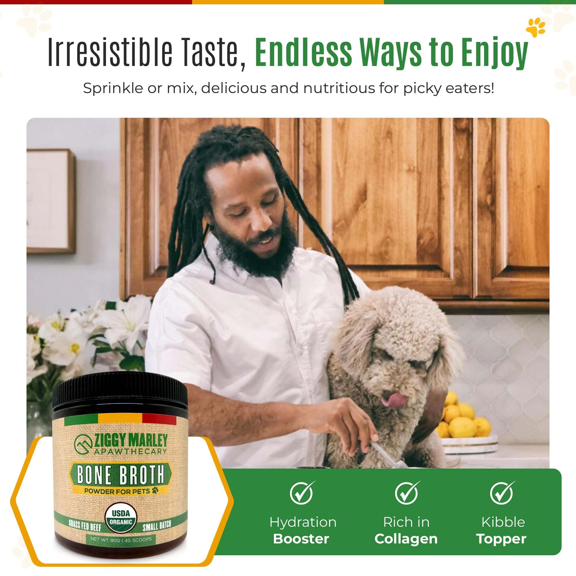 ZMA Pets Ziggy Marley’s bone broth powder being stirred into a bowl emphasizes versatile feeding.