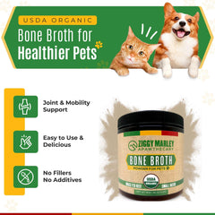 ZMA Pets Ziggy Marley’s bone broth powder jar closeup showcases easy scoop serving for pets.