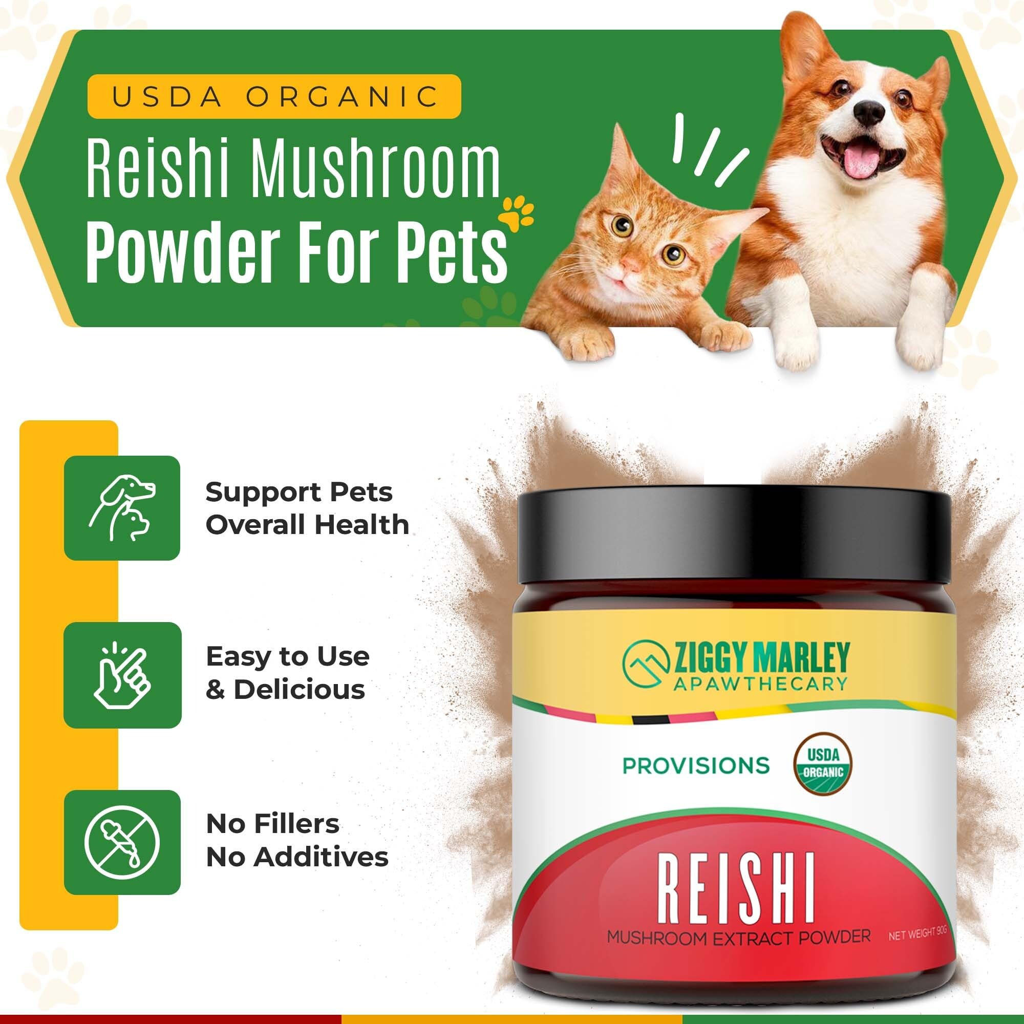 ZMA Pets Ziggy Marley Reishi powder scoop ready for precise 2g servings.