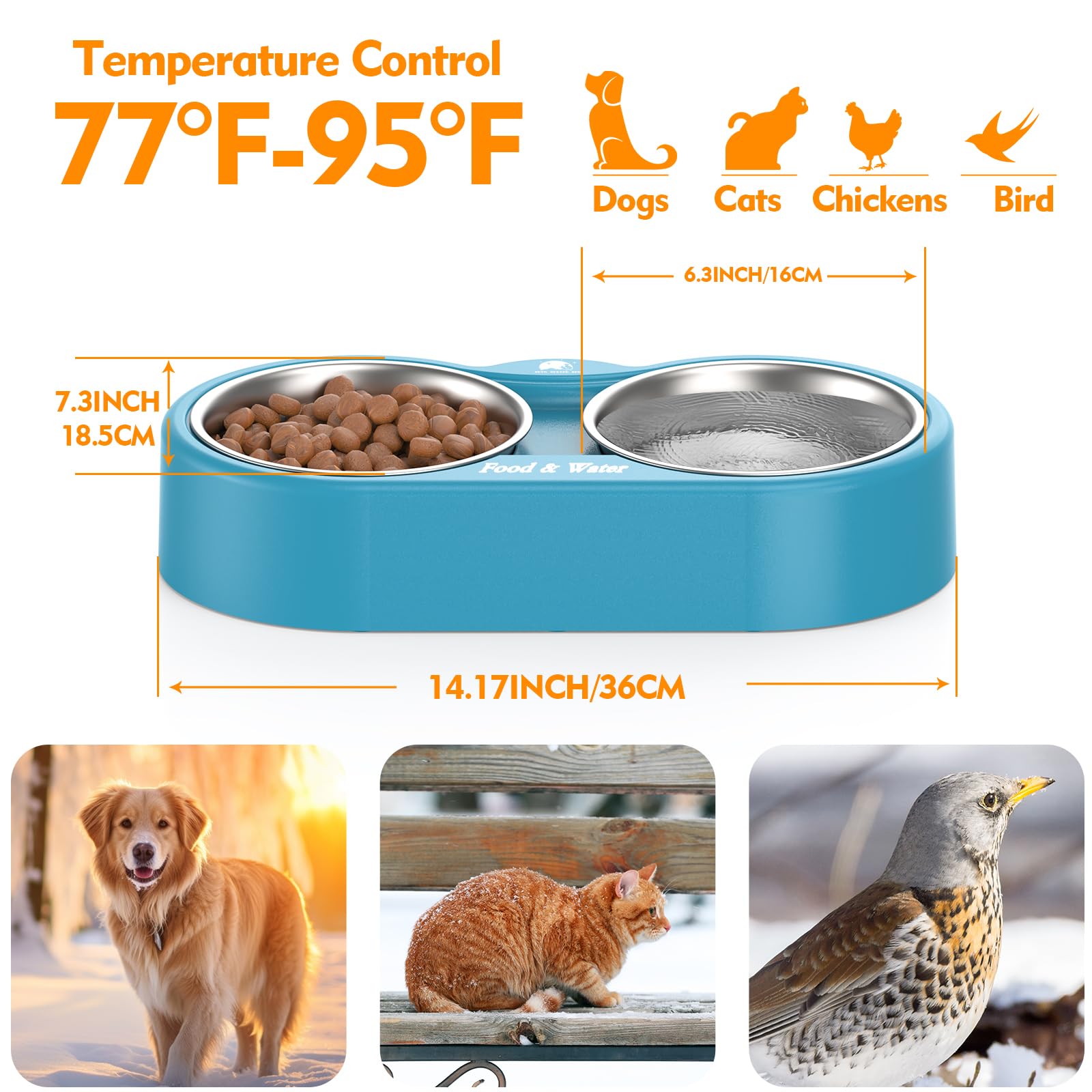 ZNOFAN outdoor heated pet bowl automatic temperature control for consistent warmth.