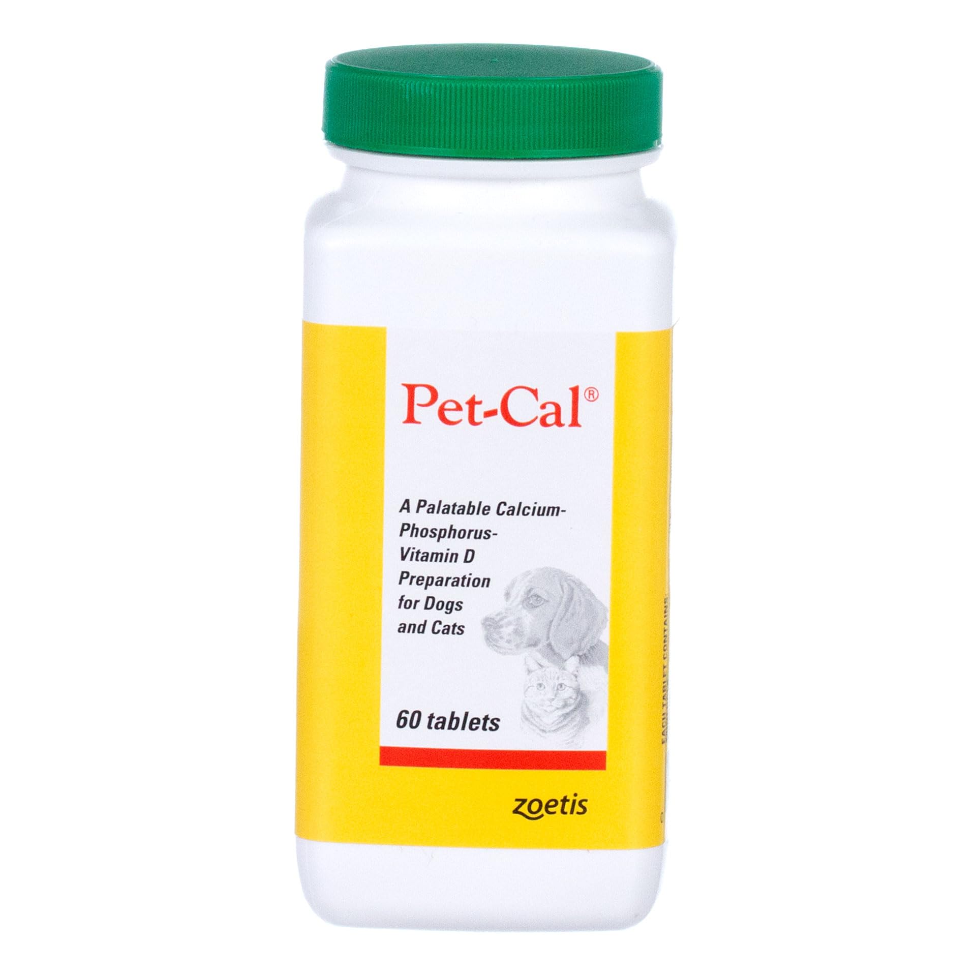 Zoetis Pet Cal tablets bottle highlighting bone support for dogs and cats with calcium and vitamin D.