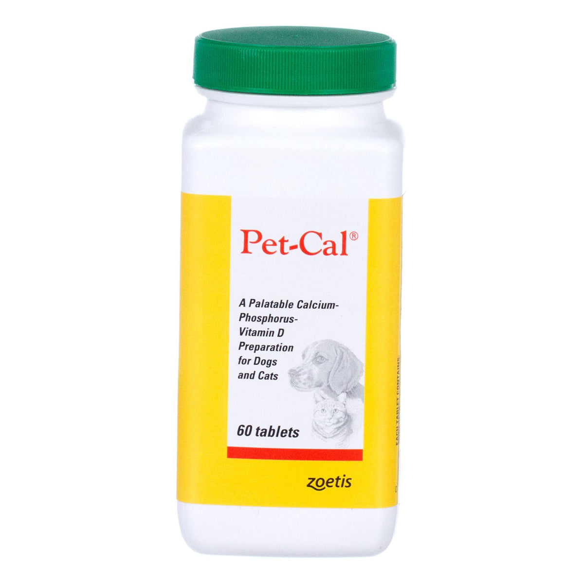 Zoetis Pet Cal tablets bottle highlighting bone support for dogs and cats with calcium and vitamin D.