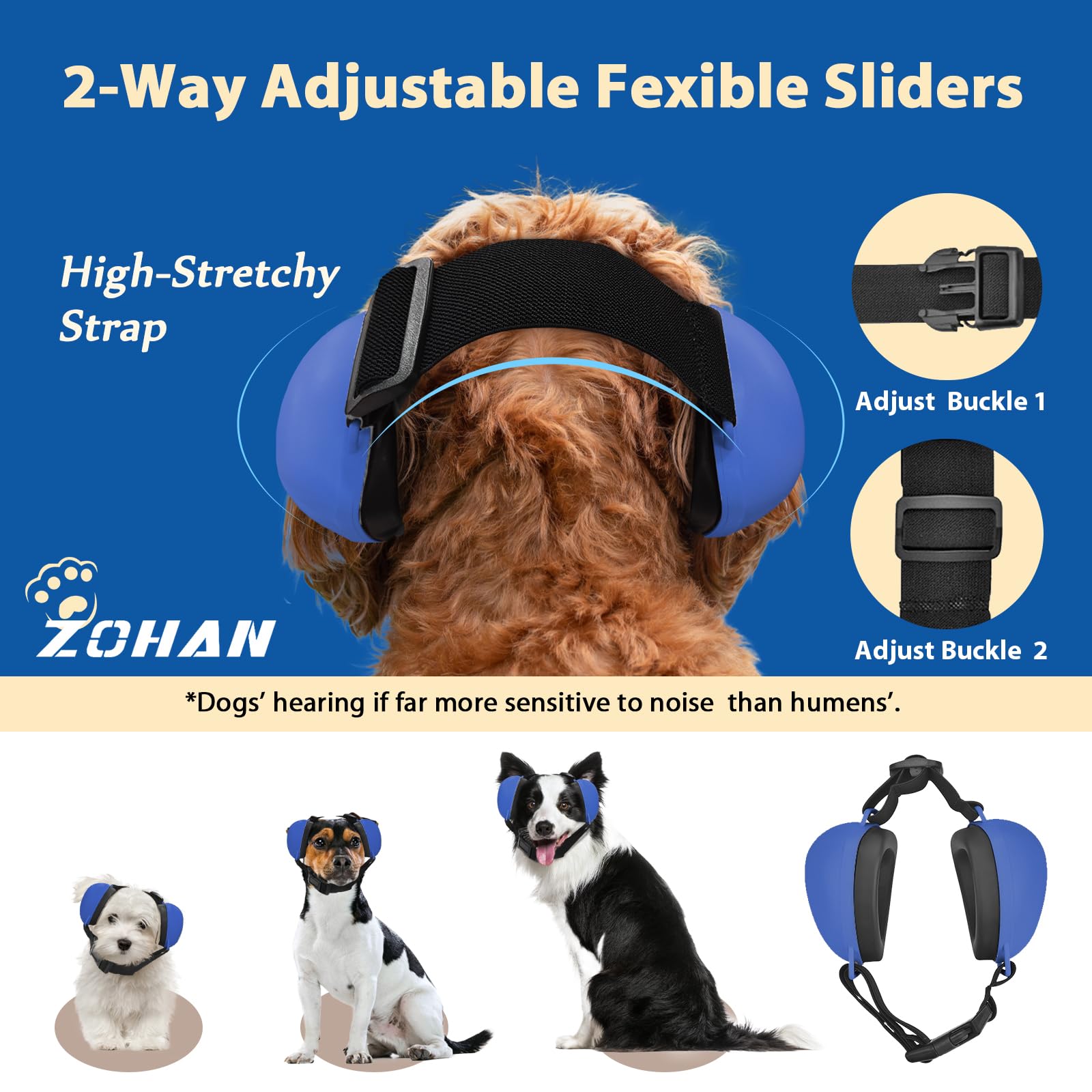 ZOHAN dog ear muffs blue size large showing durable ABS shell for long-lasting use.