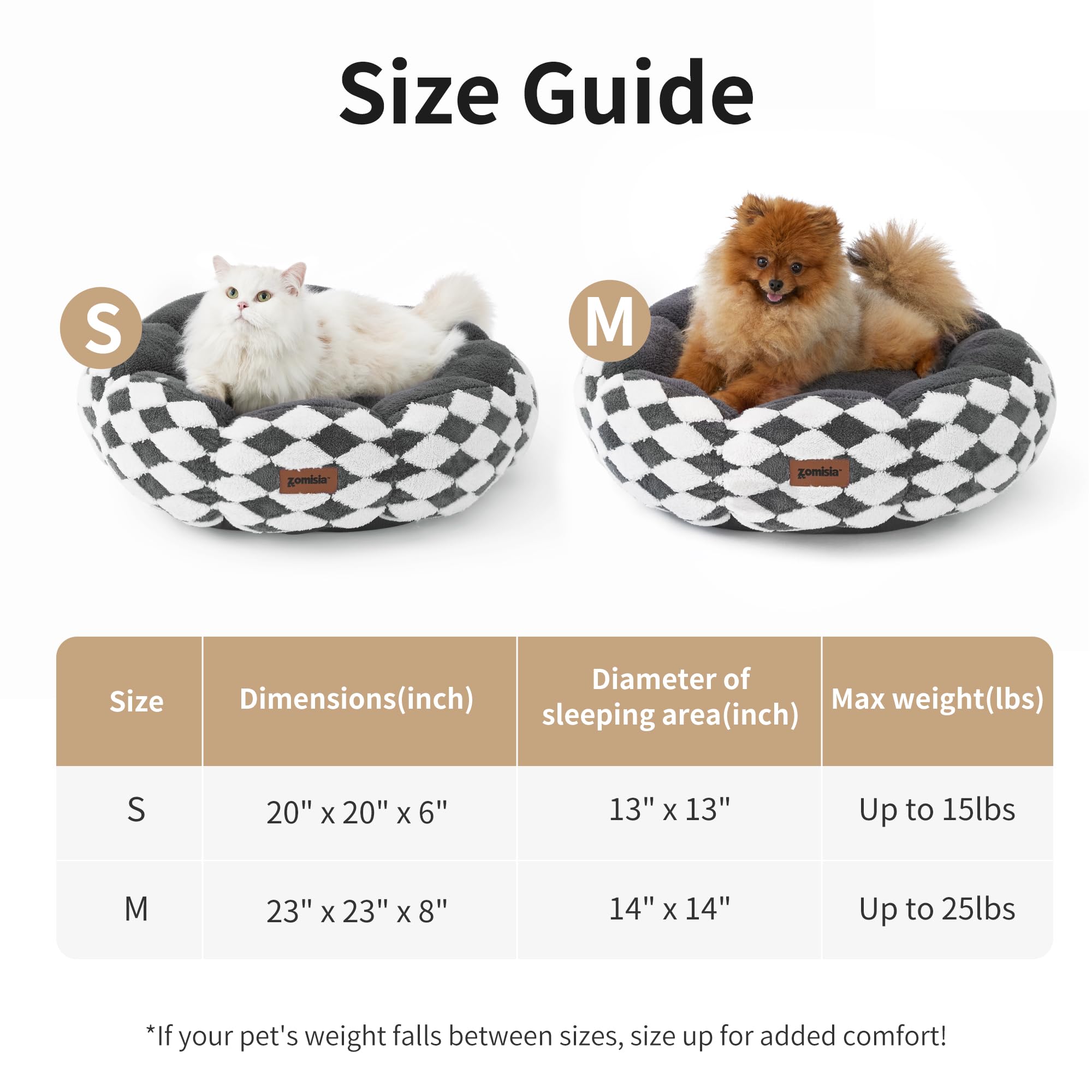 ZOMISIA pet bed 20-inch option suits small cats and compact dogs.