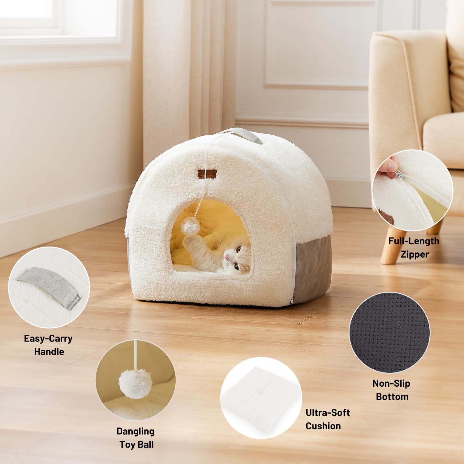 ZOMISIA Cat Bed Cave non-slip bottom keeps it steady on floors.