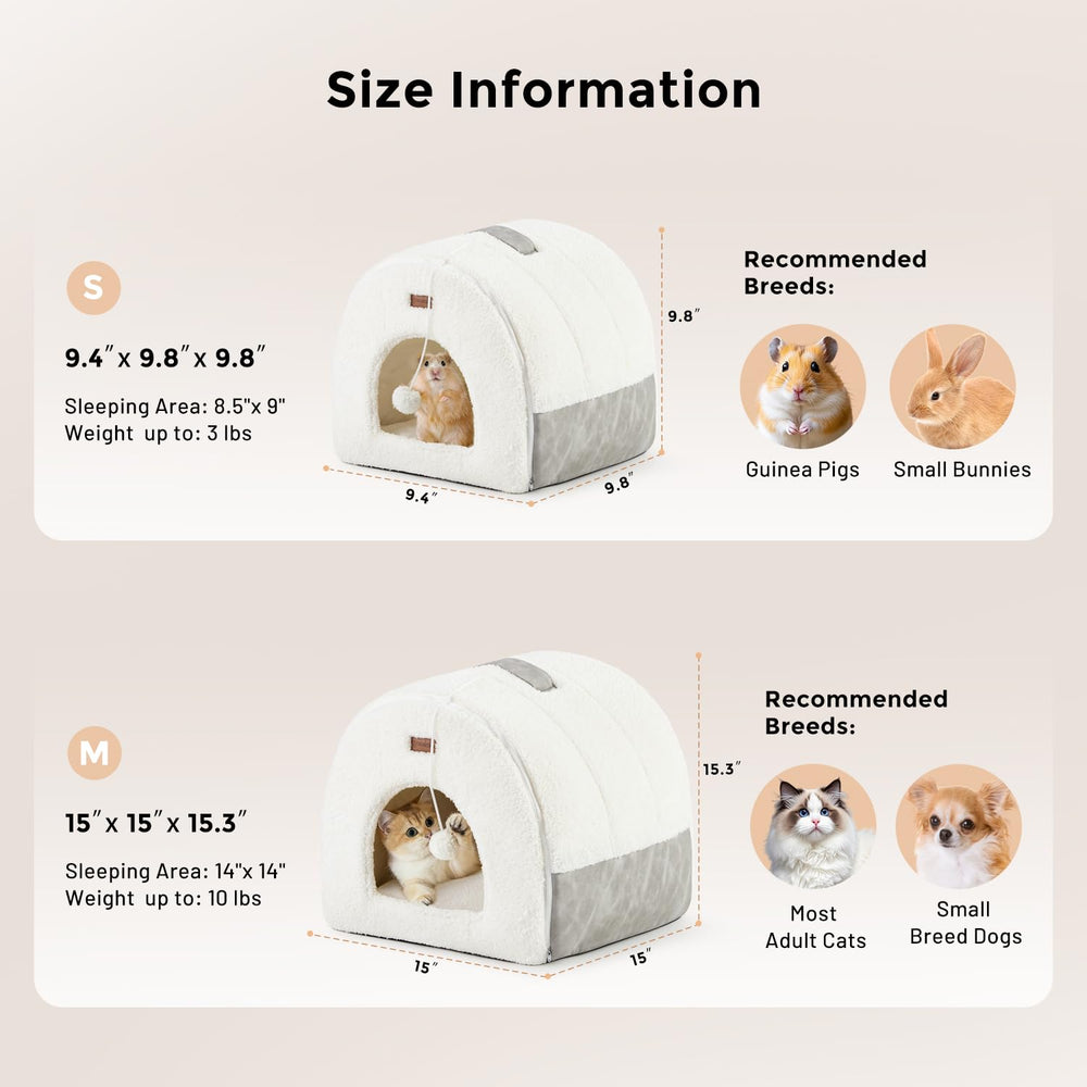 ZOMISIA Cat Bed Cave dangling toy at entrance for play.
