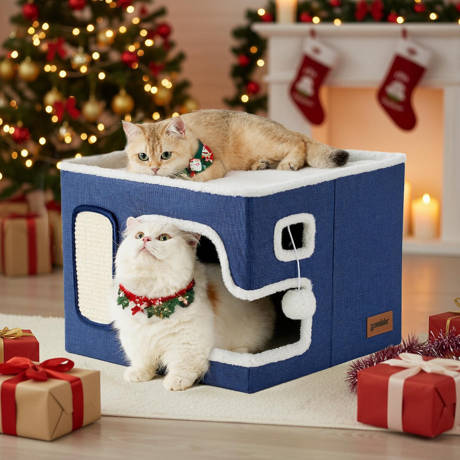 ZOMISIA cat bed navy fully assembled offers a cozy enclosed haven for cats.