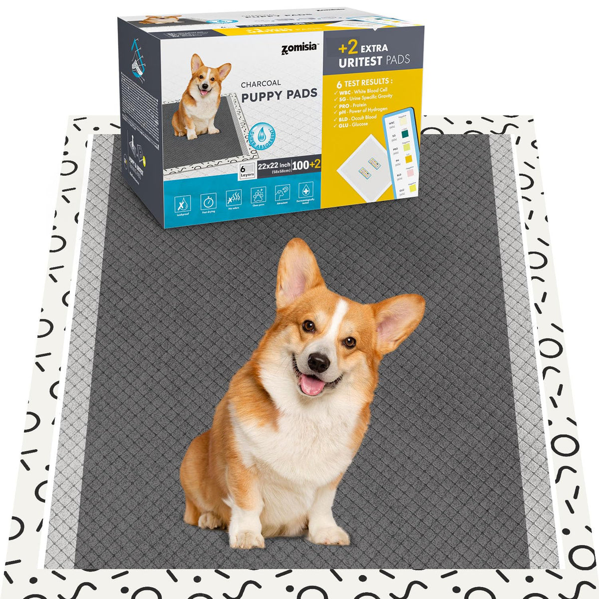 ZOMISIA charcoal pee pad 22x22 shows odor-control and leak-proof protection.