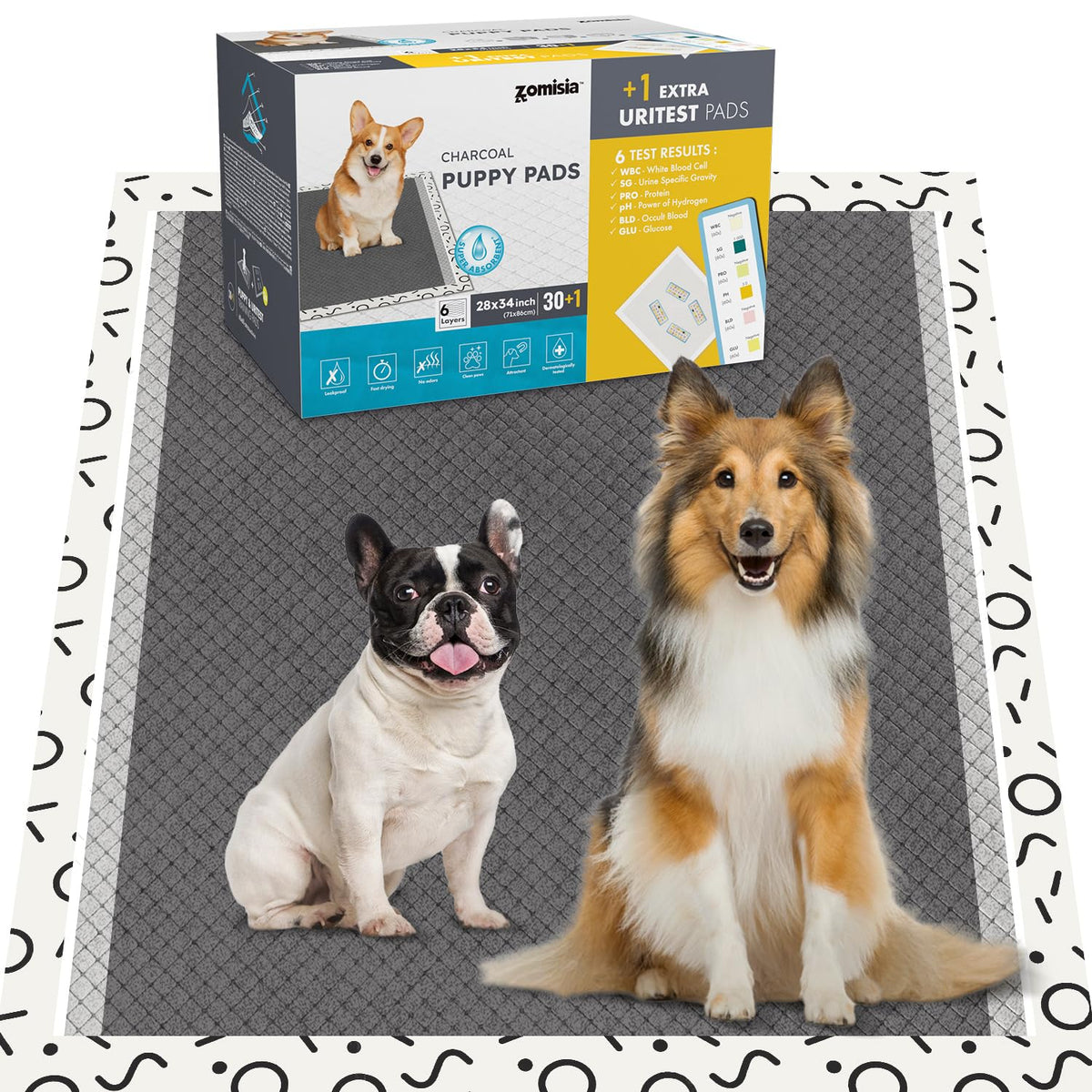 ZOMISIA charcoal puppy pee pad XL 28x34 pack front view for potty training.