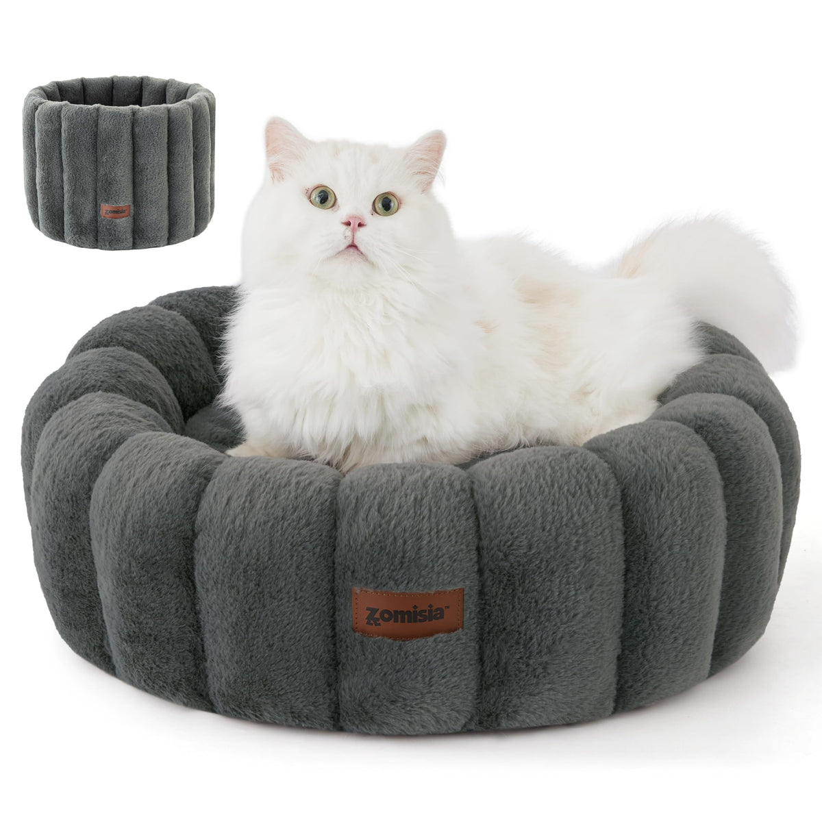 ZOMISIA cute cat bed striped donut grey folded for cozy naps