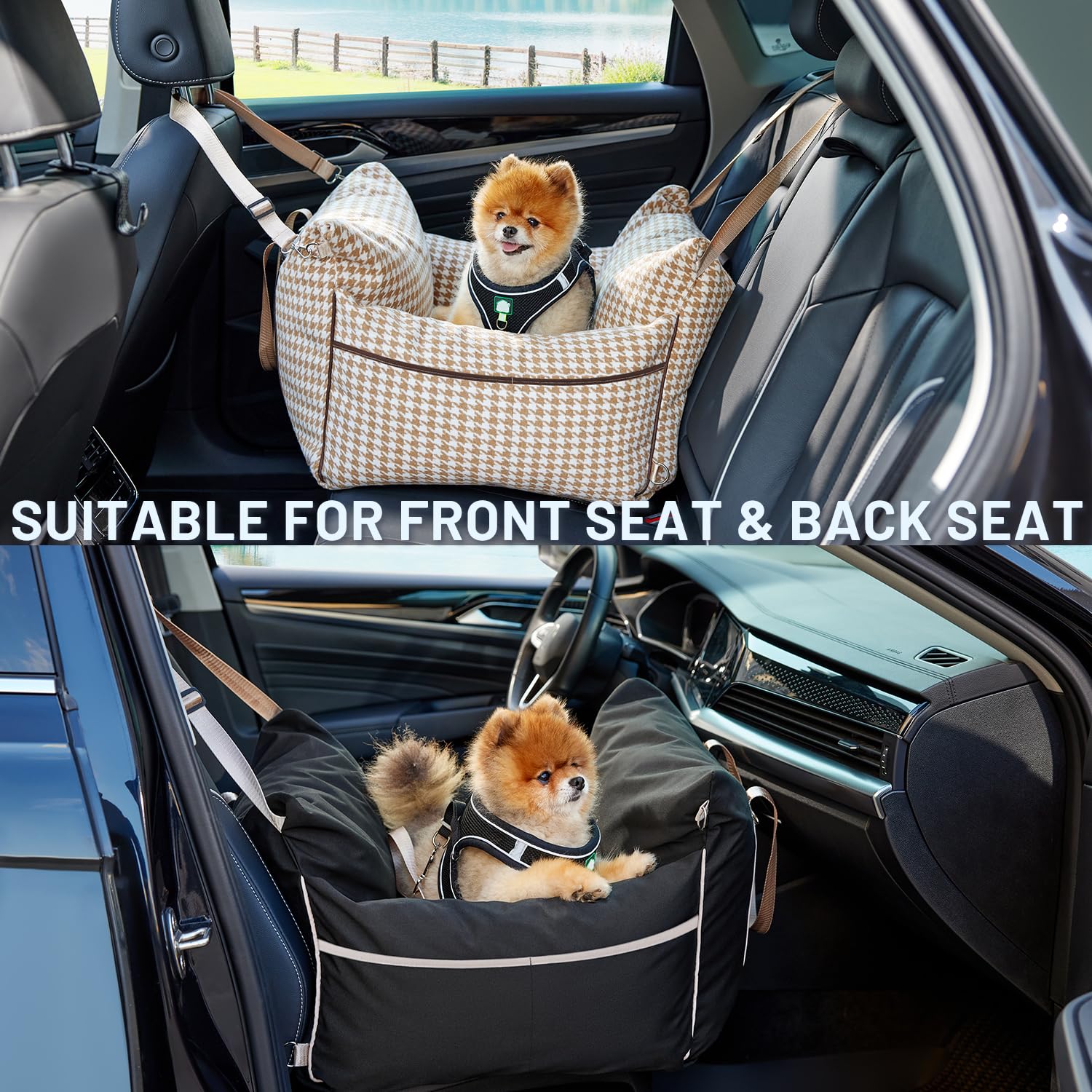 ZOMISIA dog car seat dimensions 23x22x13 show compact fit for small pets.
