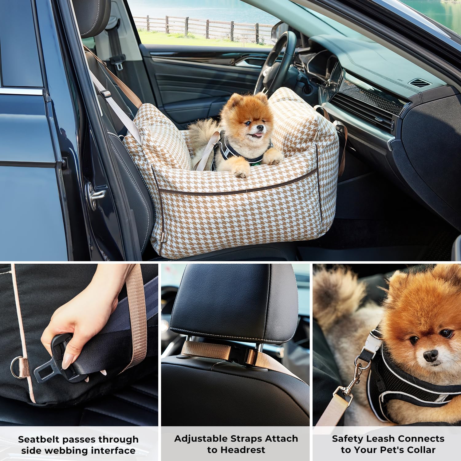 ZOMISIA dog car seat memory foam close-up emphasizes cushioned comfort on long rides.
