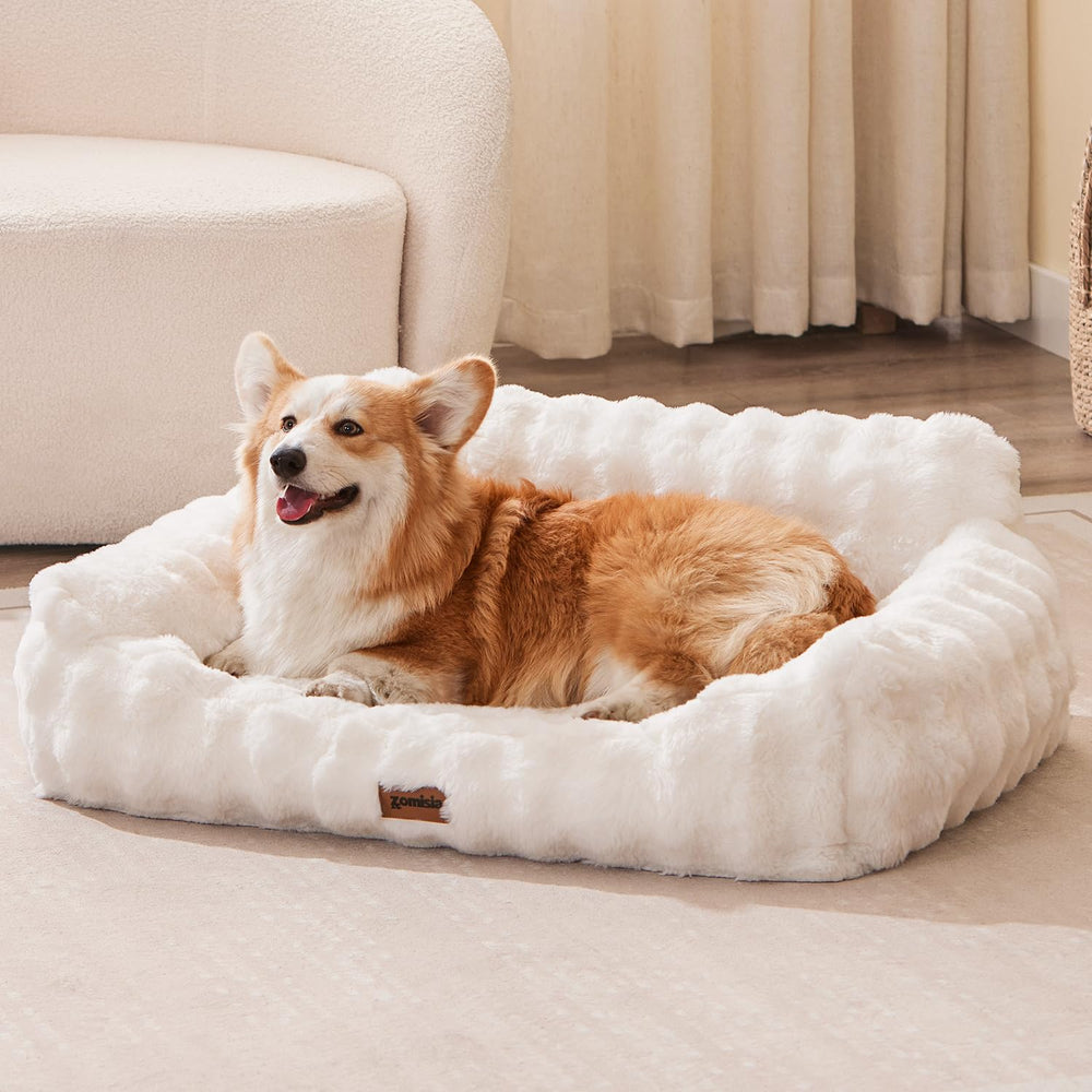 ZOMISIA Dog Couch Bed front view in ivory shows a cozy, supportive space for restful naps.
