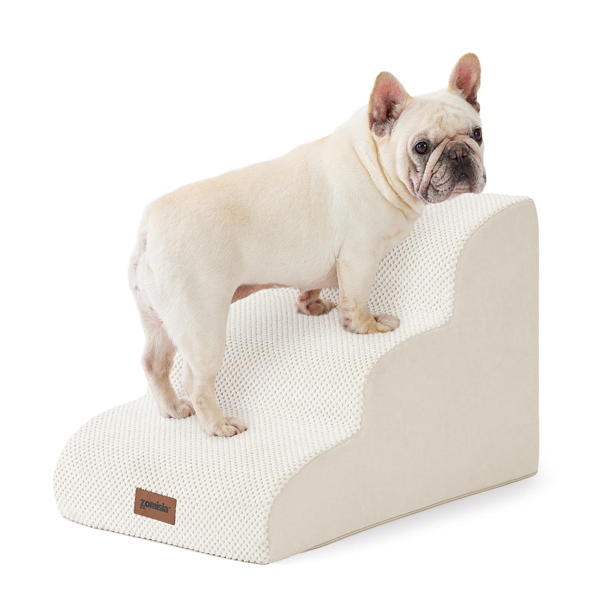 ZOMISIA dog stairs 3-step beige foam — compact and eases small dogs onto couches.