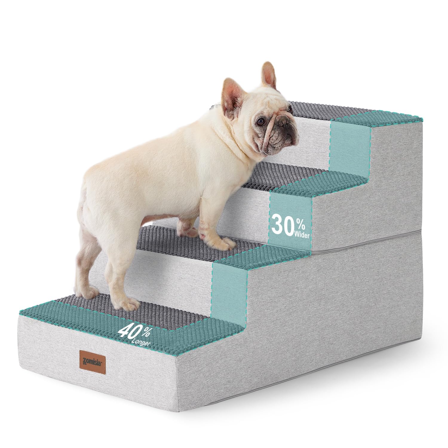 ZOMISIA 4-step grey dog stairs help large dogs access a couch easily.