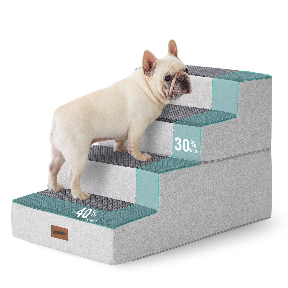 ZOMISIA 4-step grey dog stairs help large dogs access a couch easily.