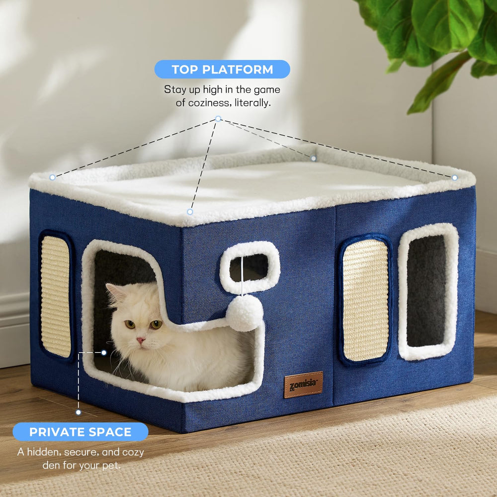 ZOMISIA extra-wide cat house den interior shows cozy hideaway for napping pets