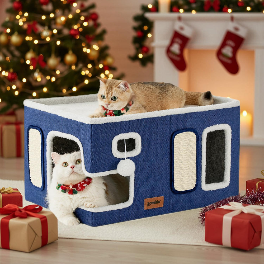 ZOMISIA extra-wide cat house navy front view offering a roomy cozy den