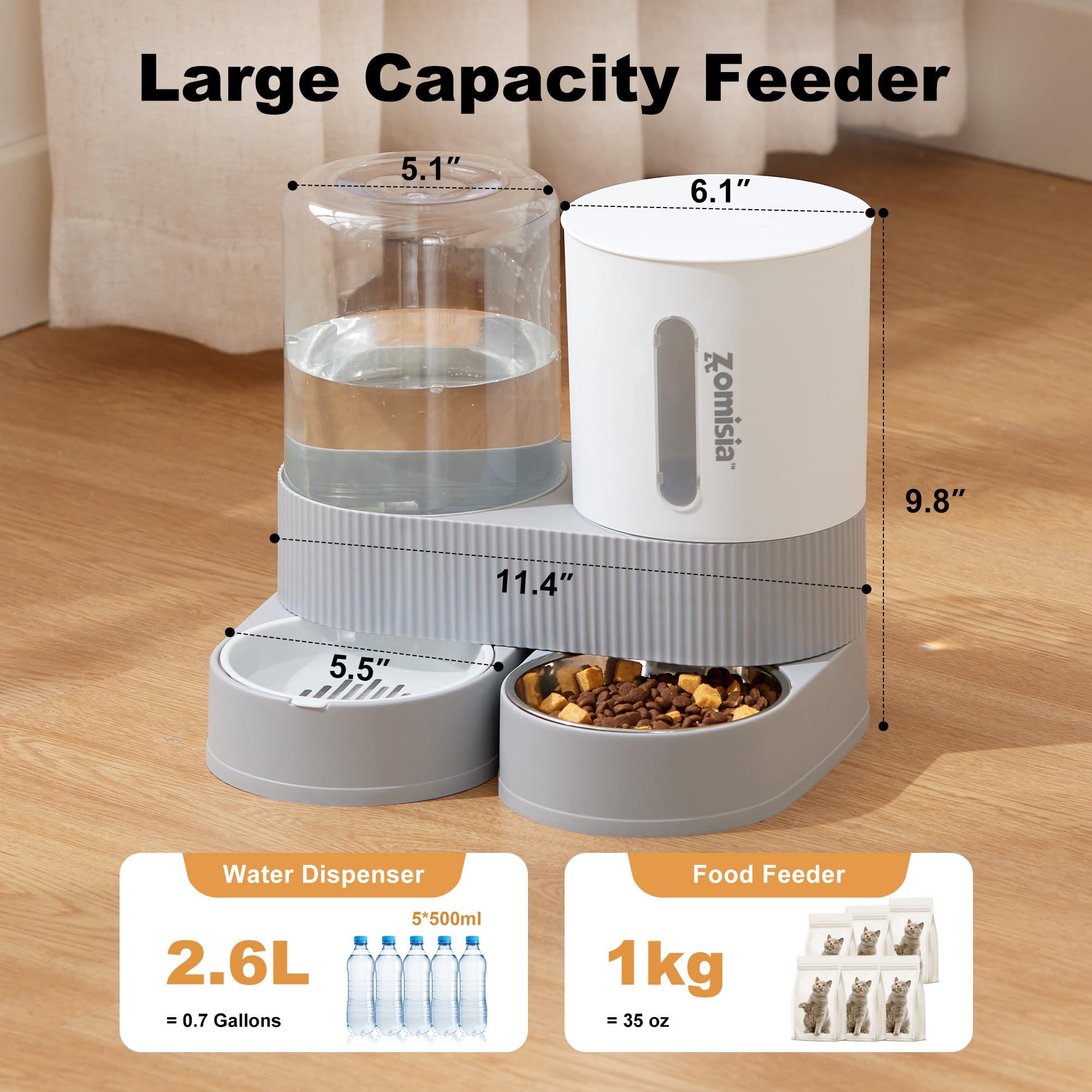 ZOMISIA gravity cat feeder large-capacity food container reduces daily refills for busy households