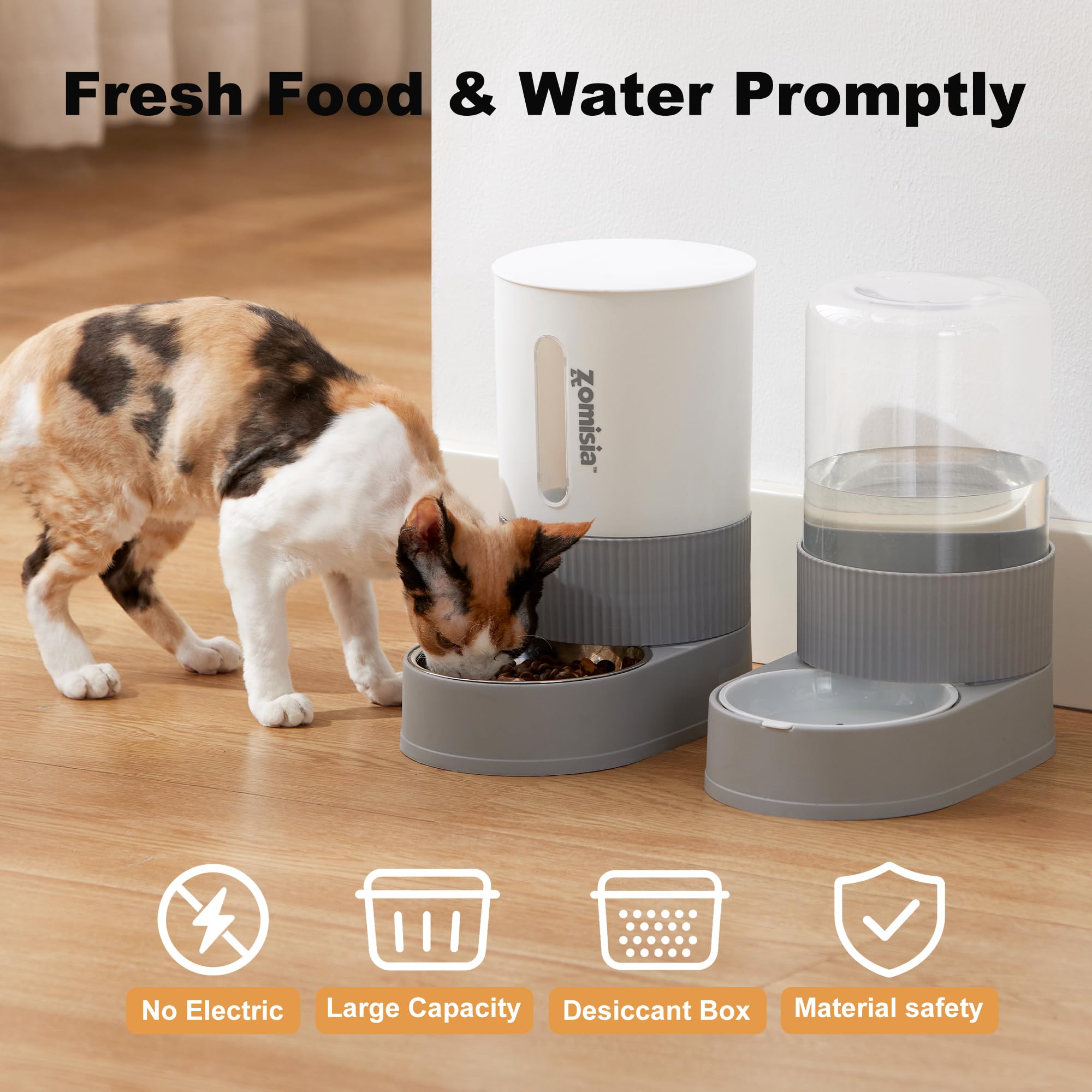 ZOMISIA gravity cat feeder water dispenser highlights separate hydration station.