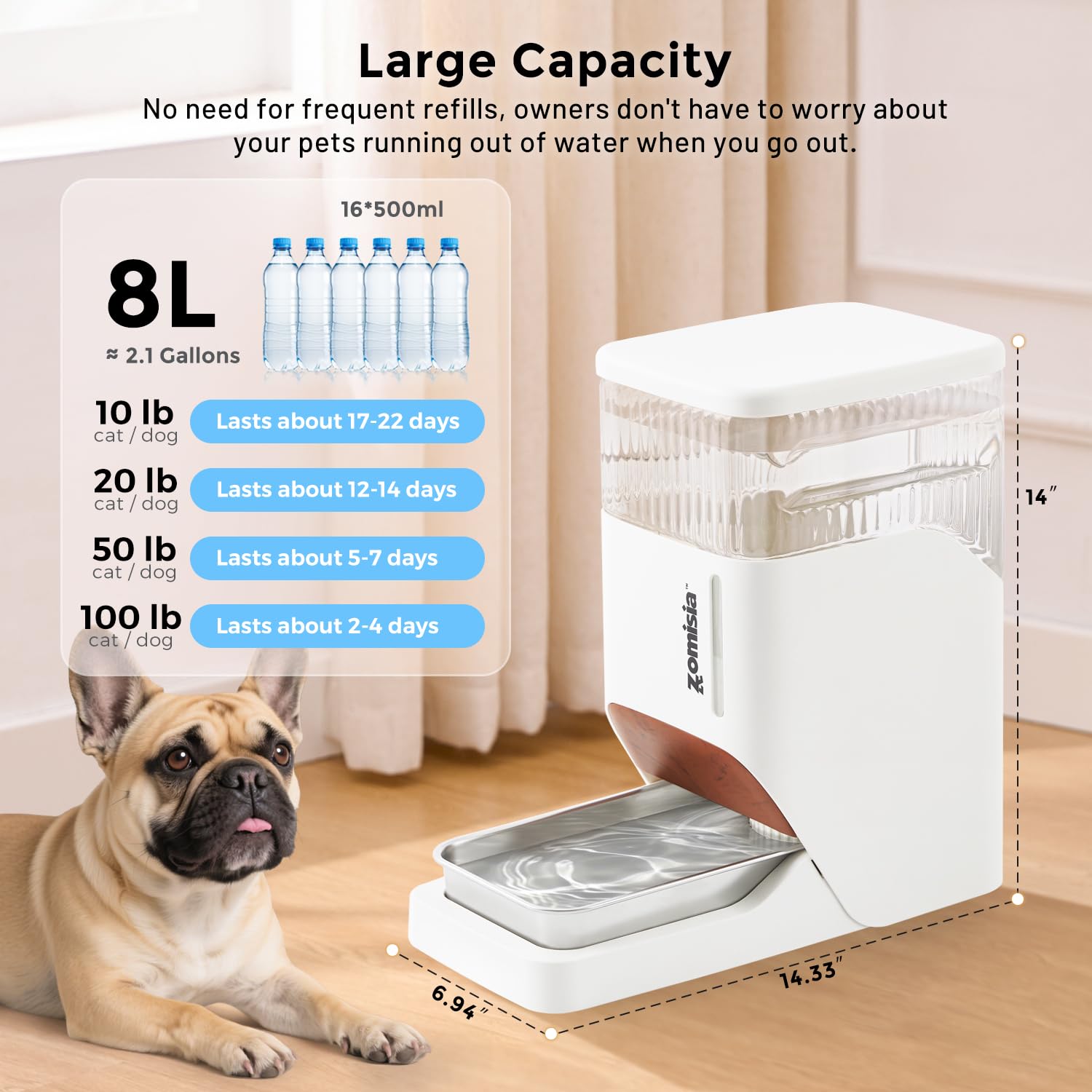 ZOMISIA gravity dog waterer with stainless steel bowl for durable, rust-resistant use.