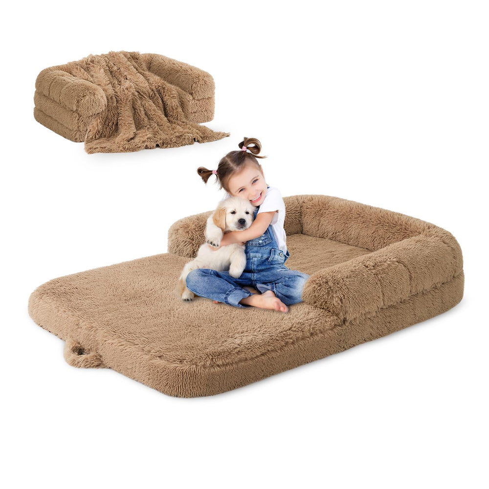 ZOMISIA human dog bed with blanket setup demonstrates cozy warmth for kids and pets