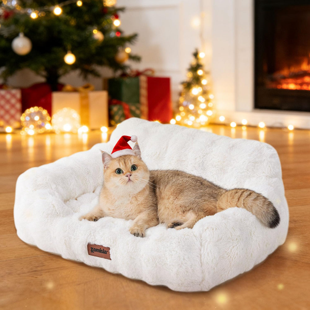 ZOMISIA Orthopedic Cat Couch Bed top view for restful naps on ivory faux fur.