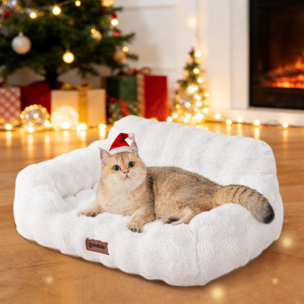ZOMISIA Orthopedic Cat Couch Bed top view for restful naps on ivory faux fur.