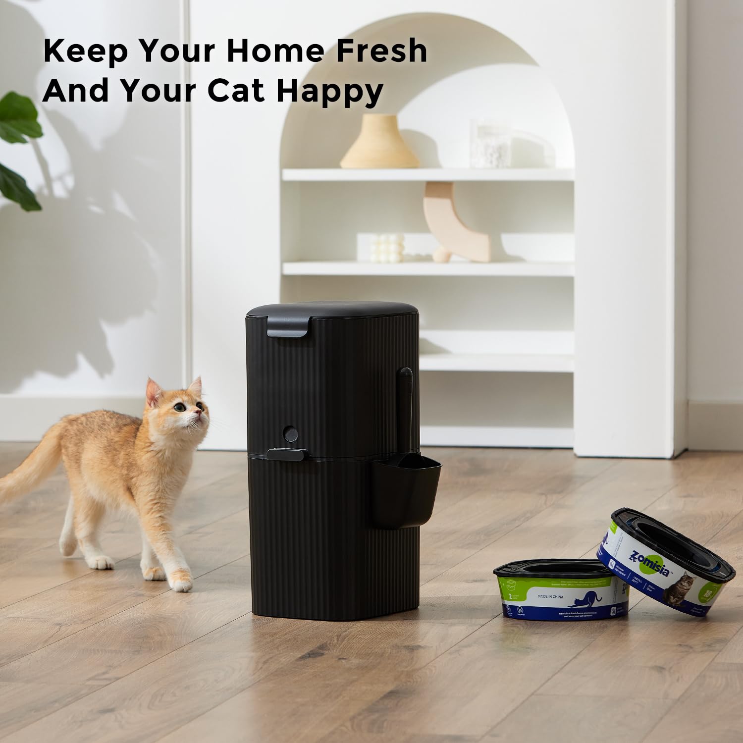 ZOMISIA packaging includes waste bin, scoop, and filters for setup.