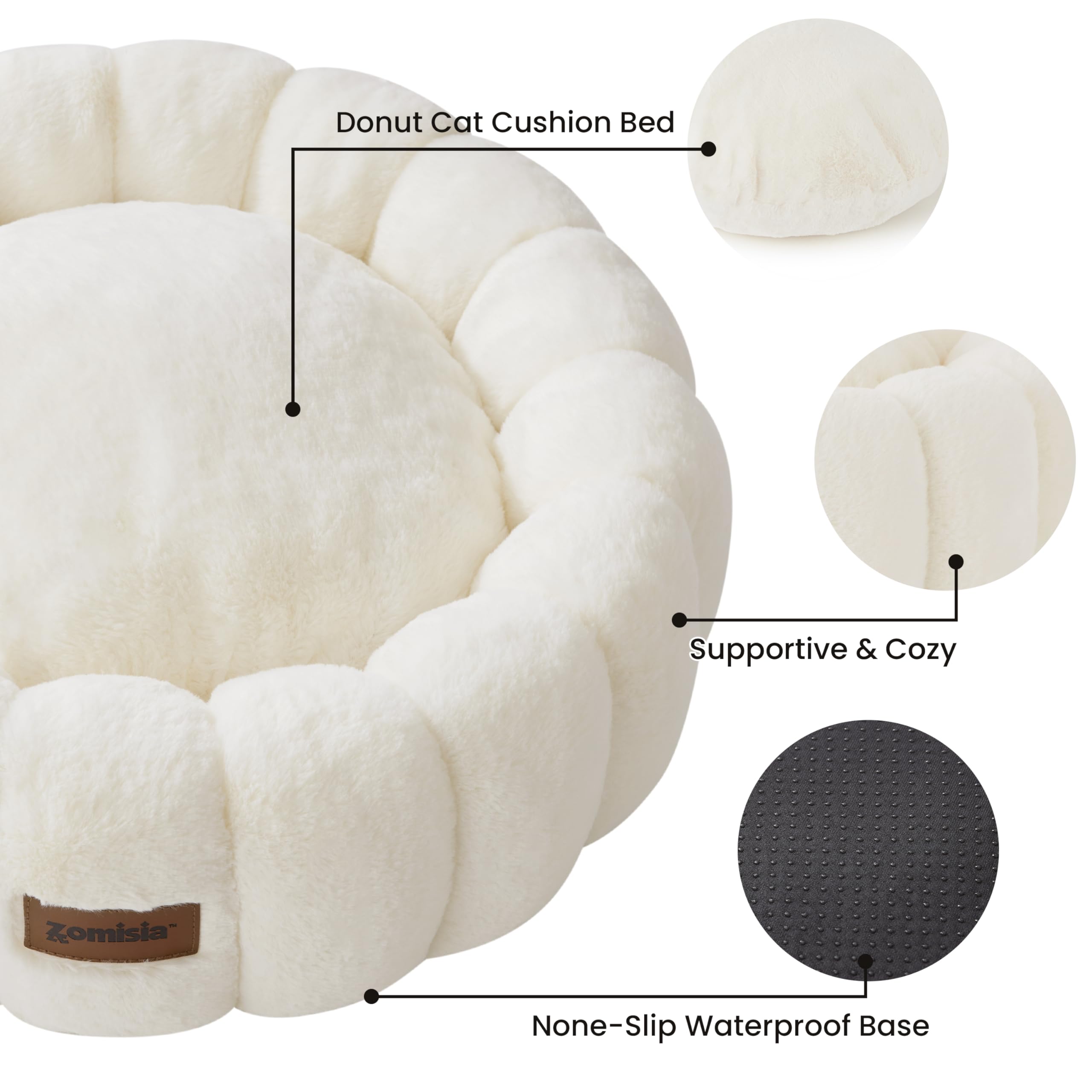 ZOMISIA plush donut bed anti-slip bottom close-up—safer on slippery floors.