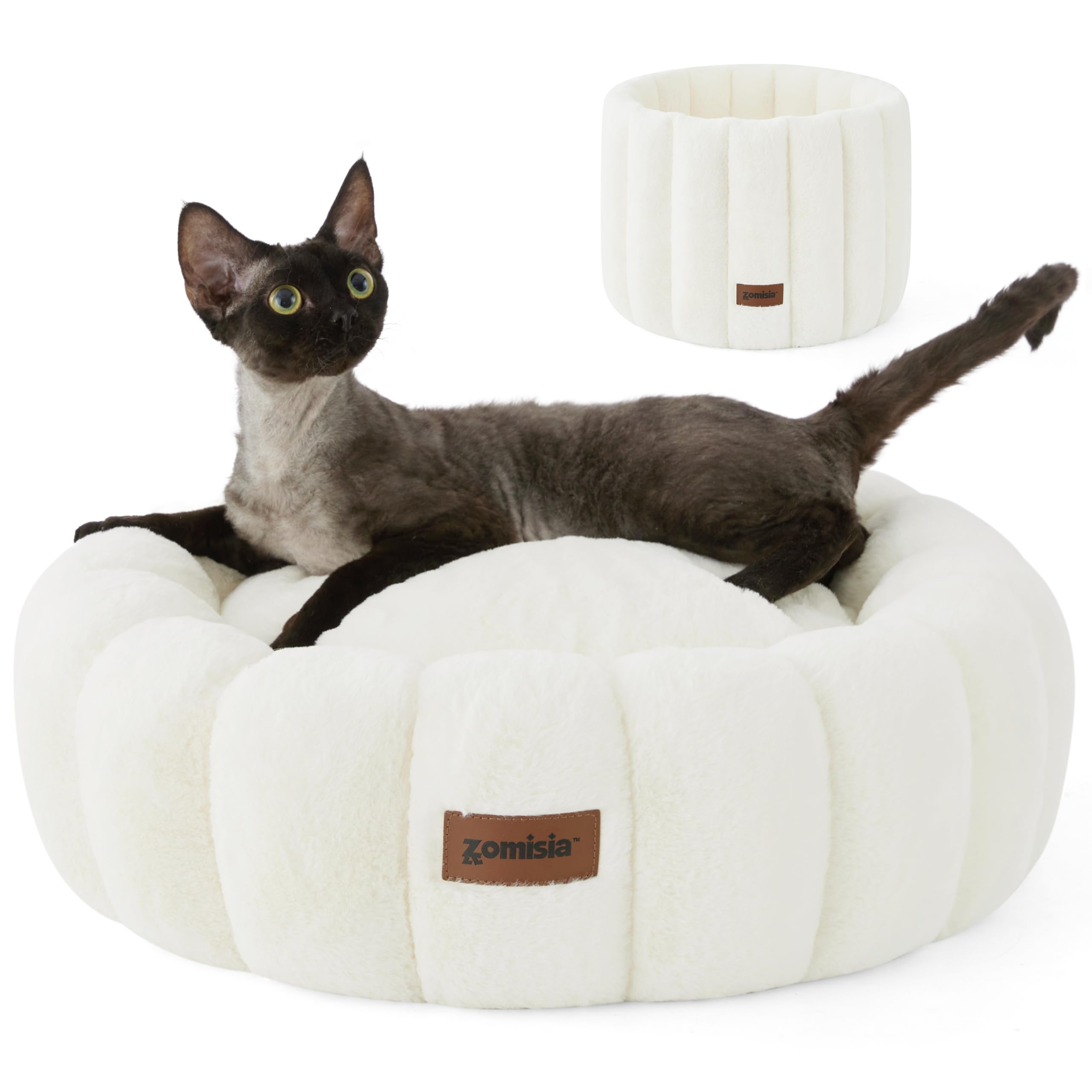ZOMISIA plush donut bed top view—soft faux fur for cuddle-ready comfort.