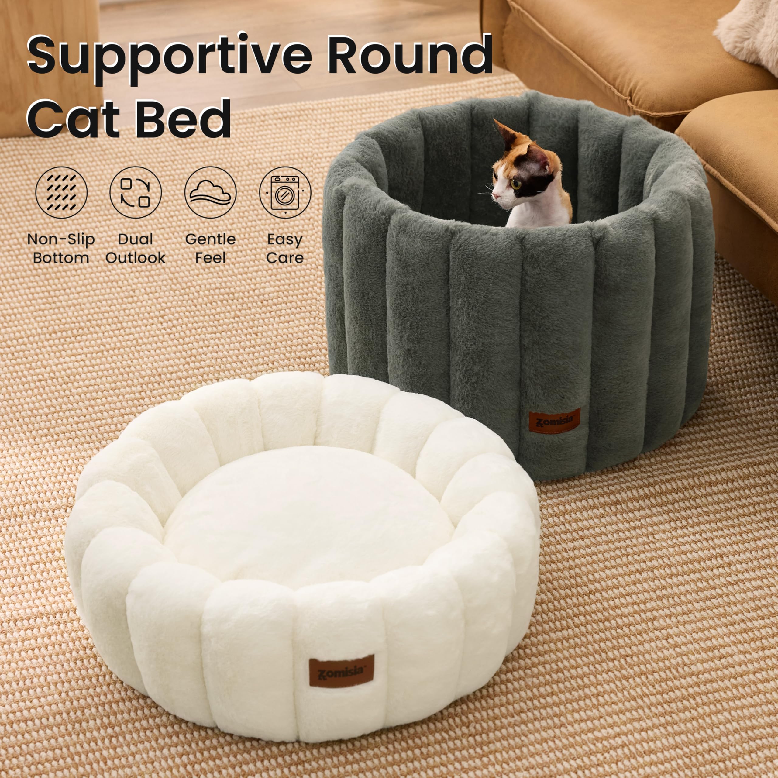 ZOMISIA plush donut bed upright mode—multi-use for lounging and nesting.