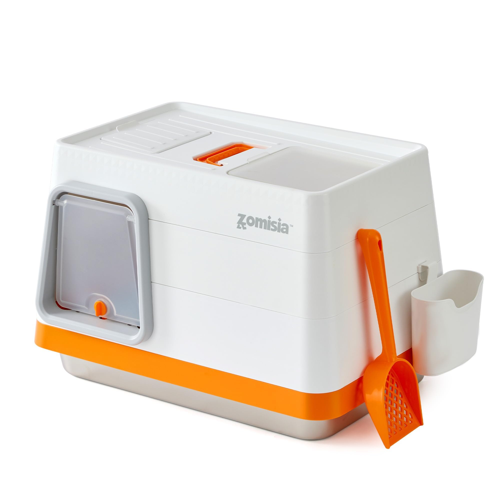 ZOMISIA stainless-steel litter box with rustproof durability and easy cleaning.