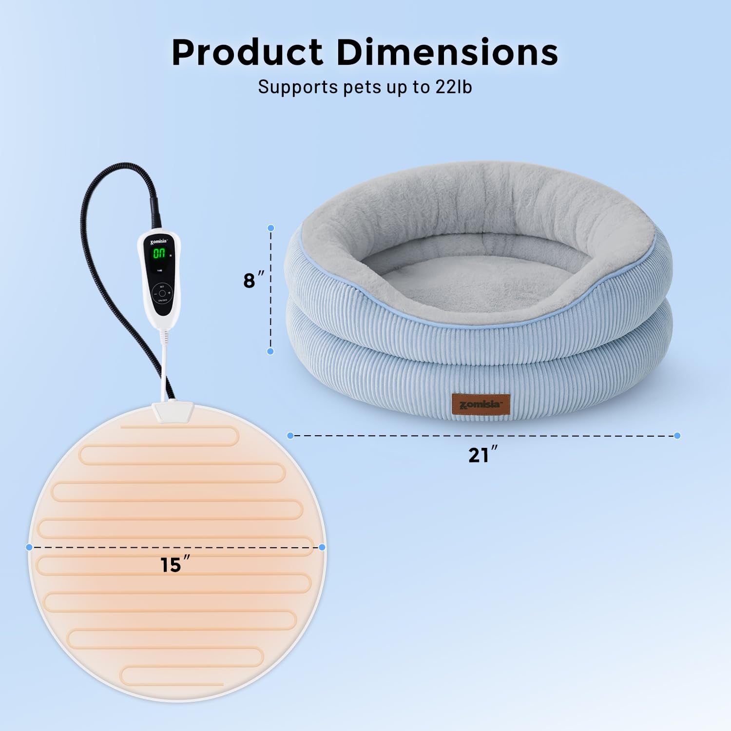 ZOMISIA thermostat-and-timer control highlights adjustable heat for pet comfort.