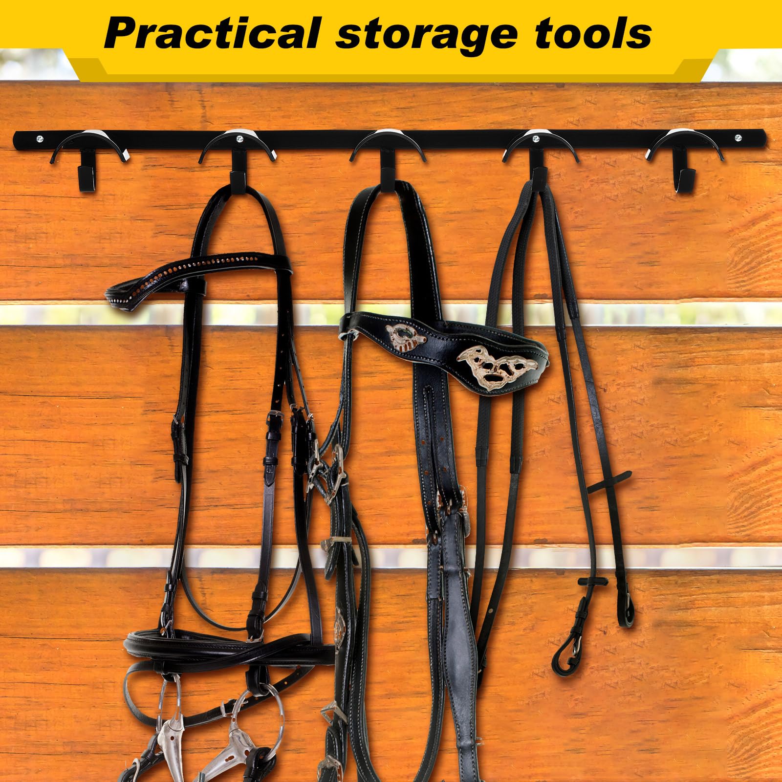 Zonon bridle hooks arranged for stable storage and tidy equipment.